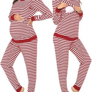 [Ekouaer] Maternity Pajamas XL Red White Stripes Nursing Lounge Women’s Set